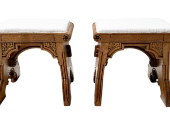 Arts & Crafts Hand-Carved Oak Stools with Boucle Upholstery, 1900s